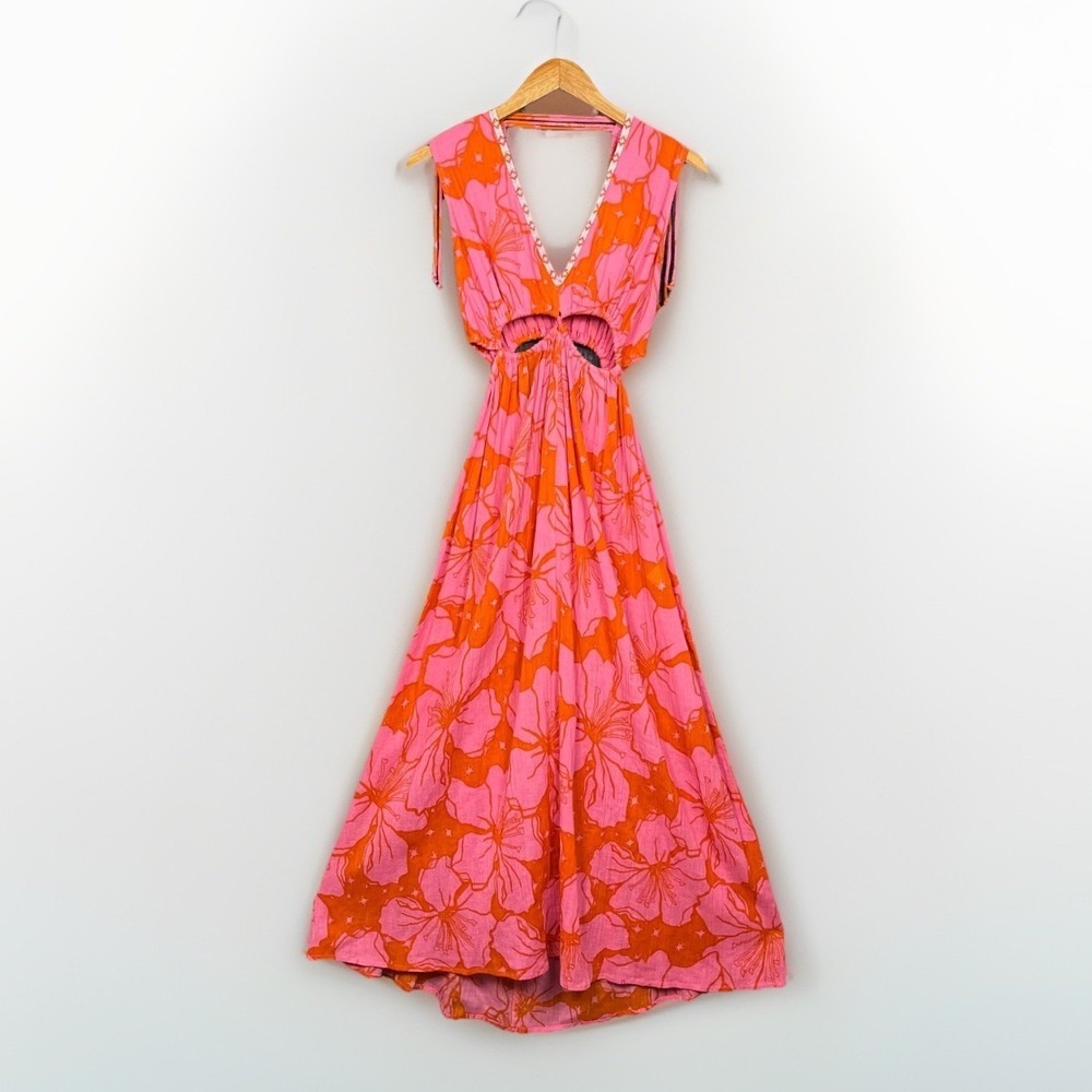 Z&L Dress Womens S Pink Cotton Hawaiian Floral Cut Out Beaded Plunge Neck NWT